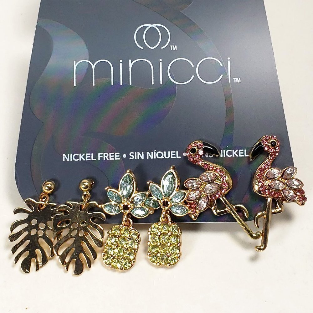 Minicci 3 Pairs of Gold-Tone Crystal Post Drop Earrings, Flamingo, Leaf, Flower